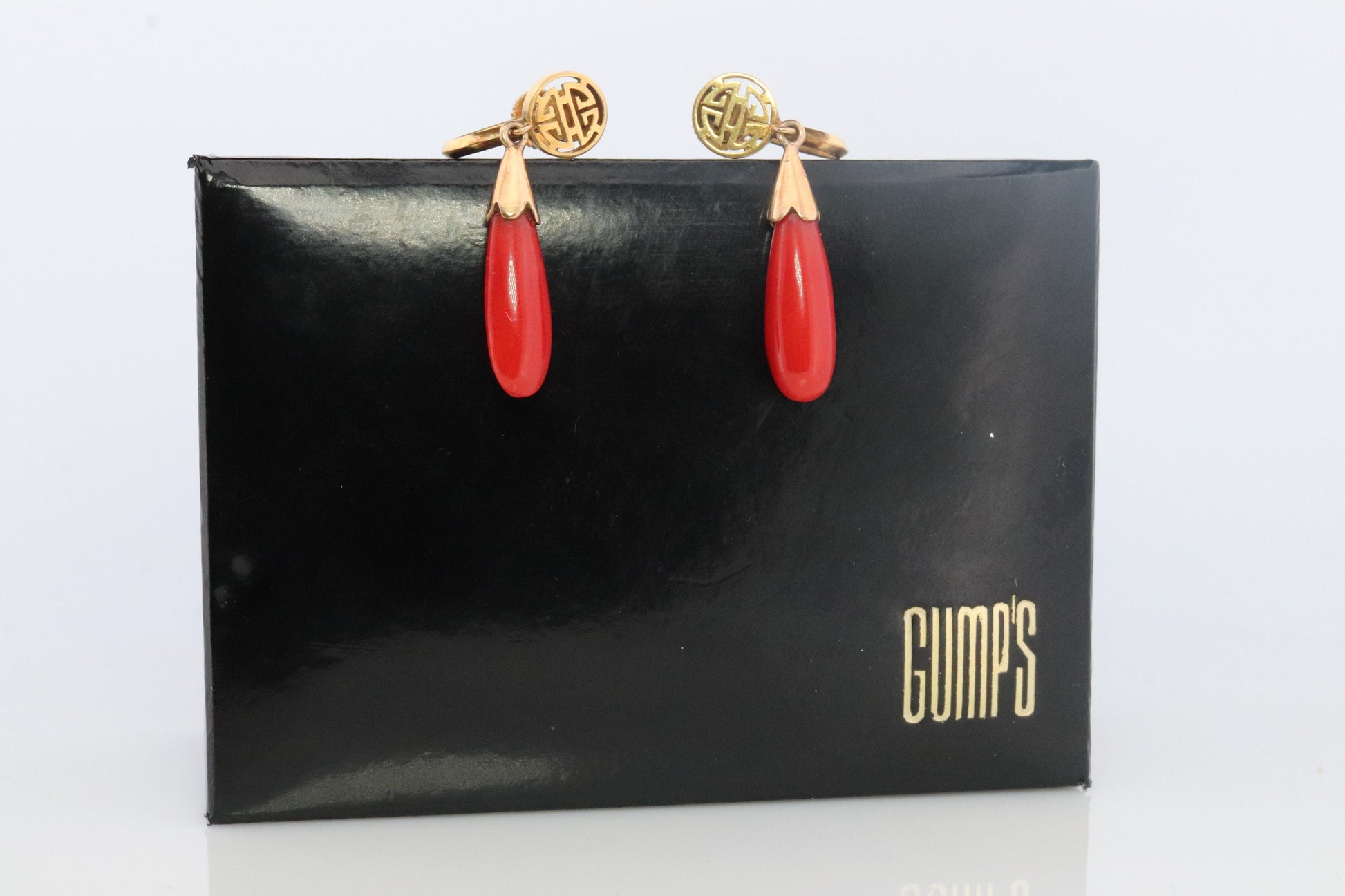 GUMP'S Coral Earrings. 14k Carved Coral Dangle Natural Coral. Chinese SHOU Coral Earrings. Vintage Gump's jewelry