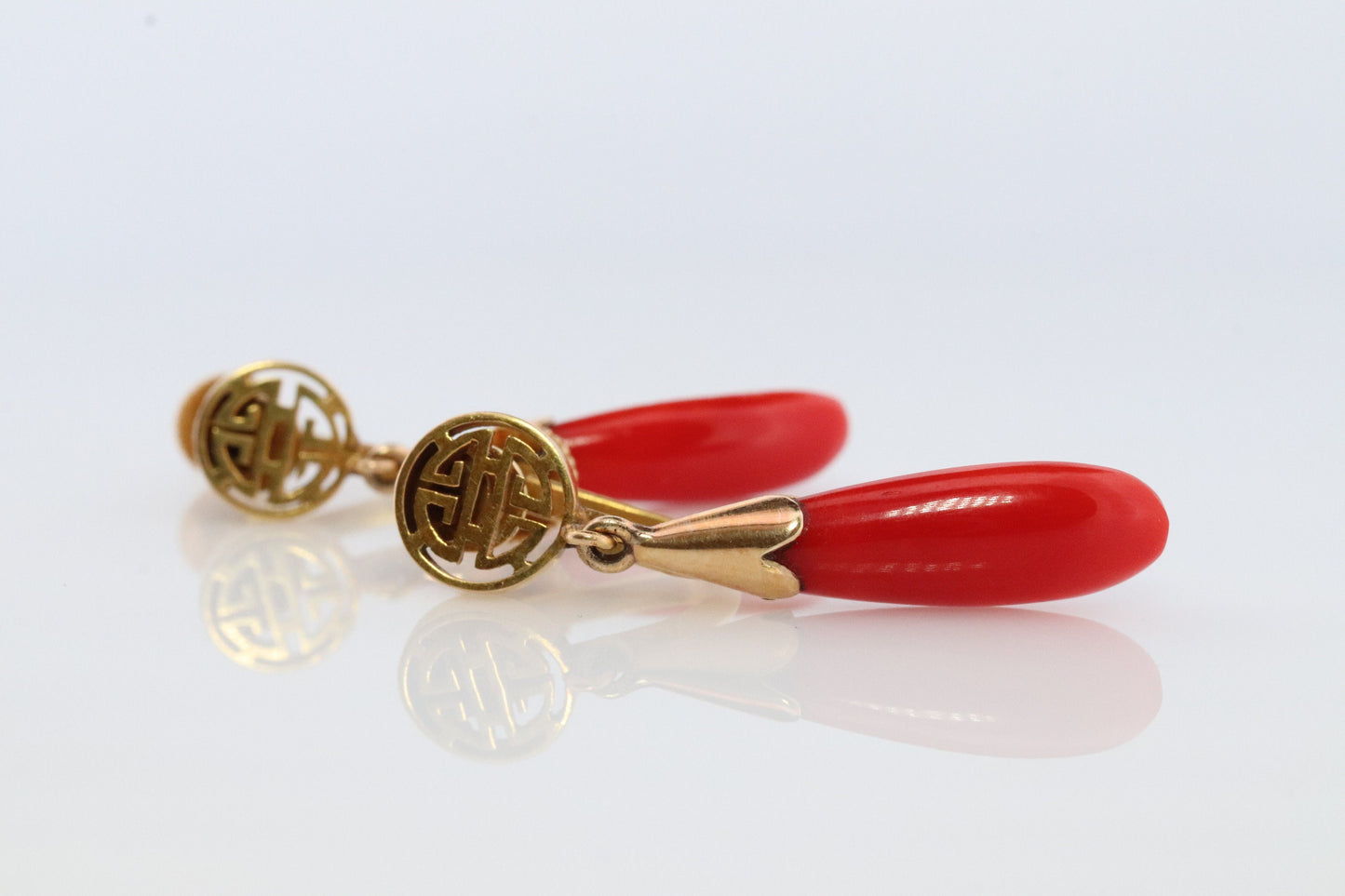 GUMP'S Coral Earrings. 14k Carved Coral Dangle Natural Coral. Chinese SHOU Coral Earrings. Vintage Gump's jewelry