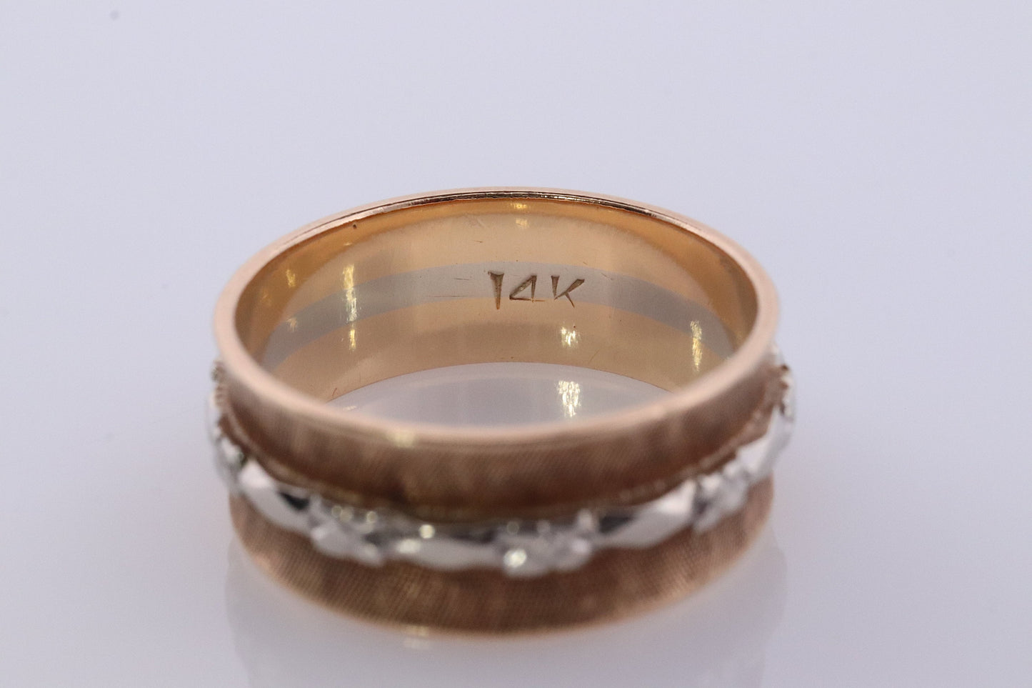 14k Wide Textured Daisy Ornate band. Vintage Flower Blossom engraved design. 8mm wide. Brushed with Blossom Flower inlay.