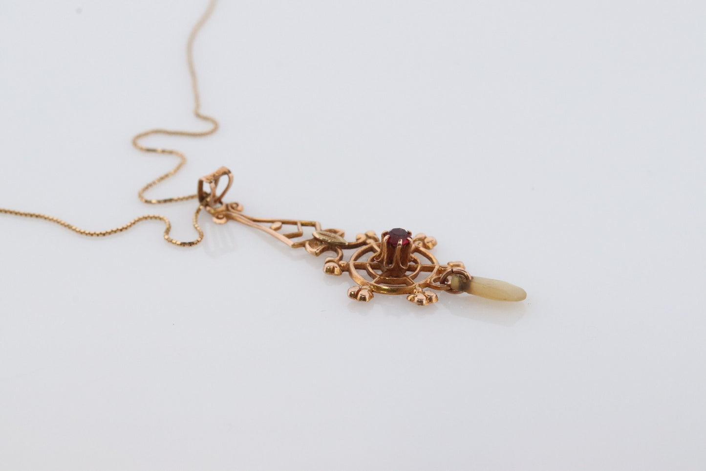 Art Nouveau Ruby and Pearl seed Buttercup 10k gold Lavaliere