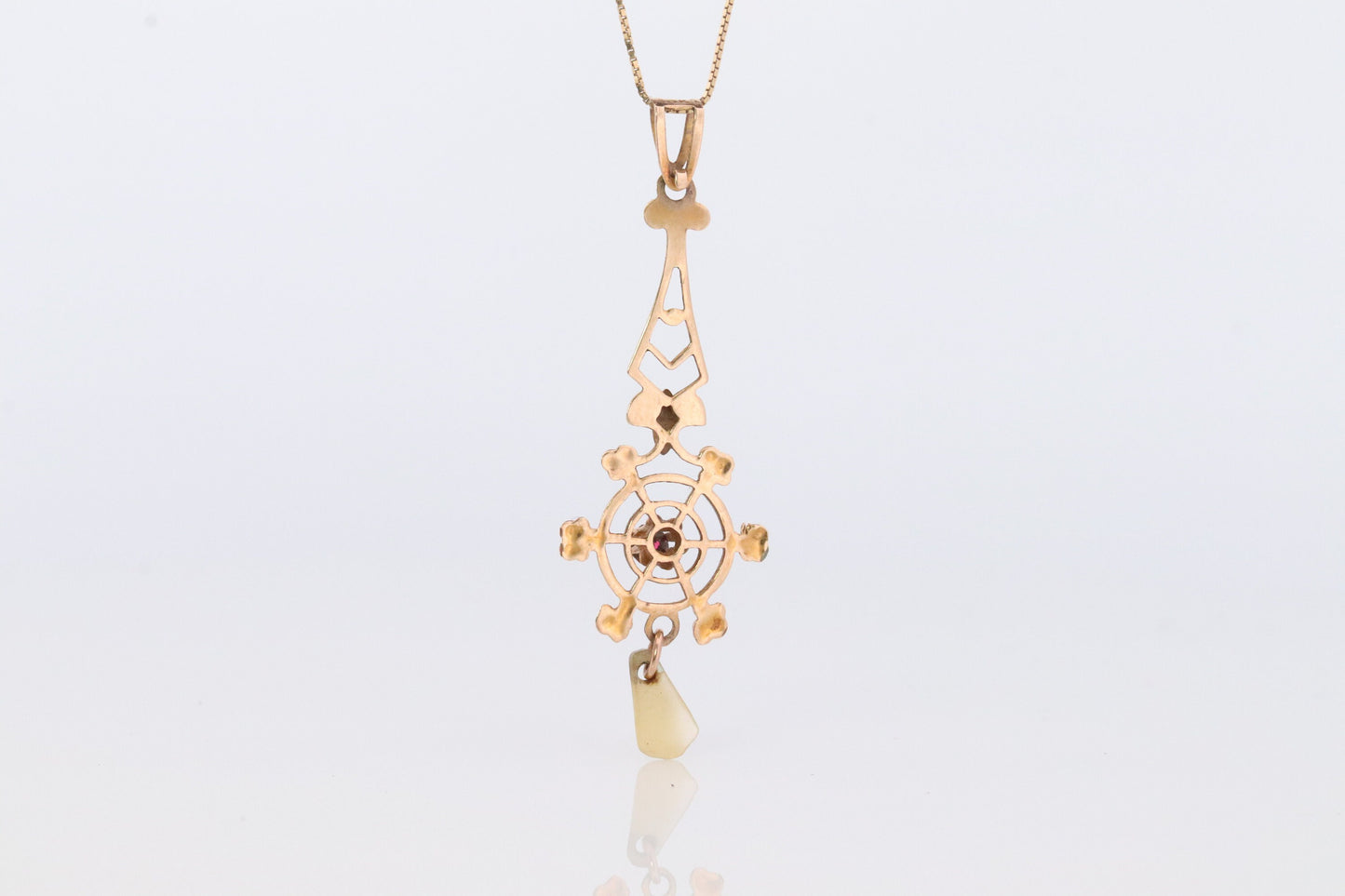 Art Nouveau Ruby and Pearl seed Buttercup 10k gold Lavaliere