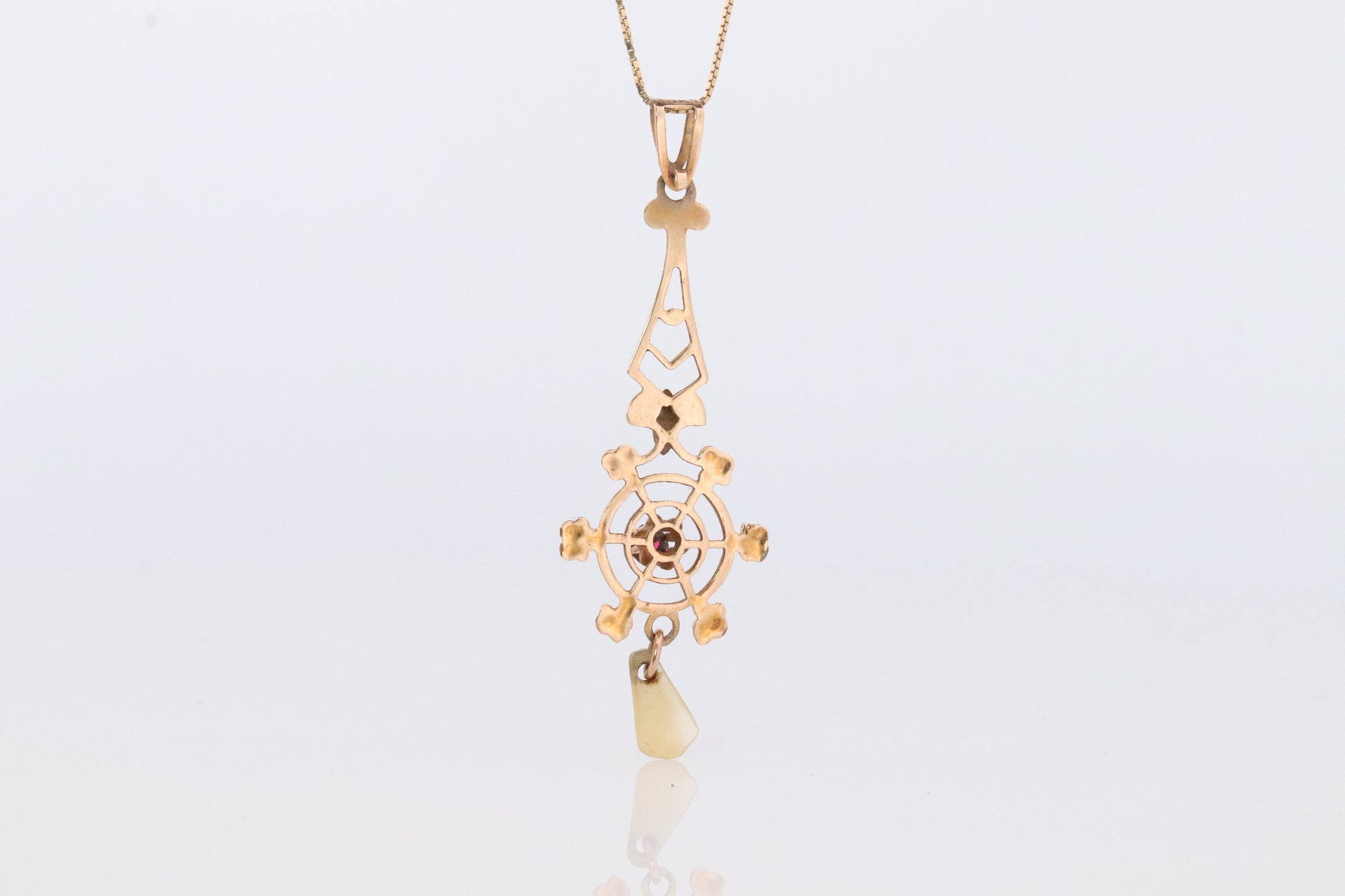 Art Nouveau Ruby and Pearl seed Buttercup 10k gold Lavaliere