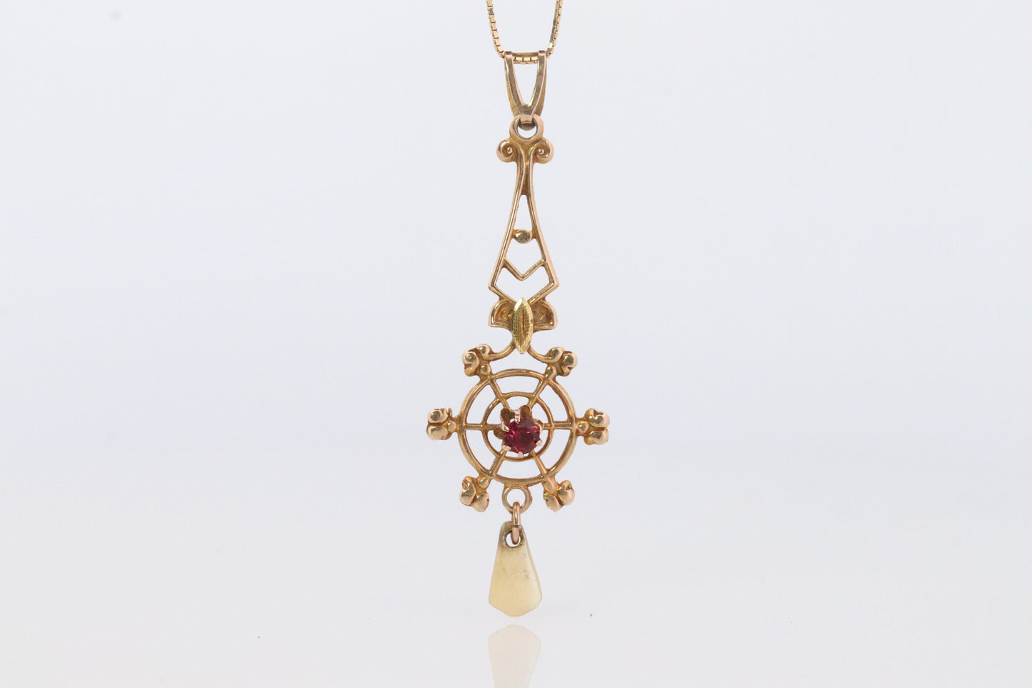 Art Nouveau Ruby and Pearl seed Buttercup 10k gold Lavaliere