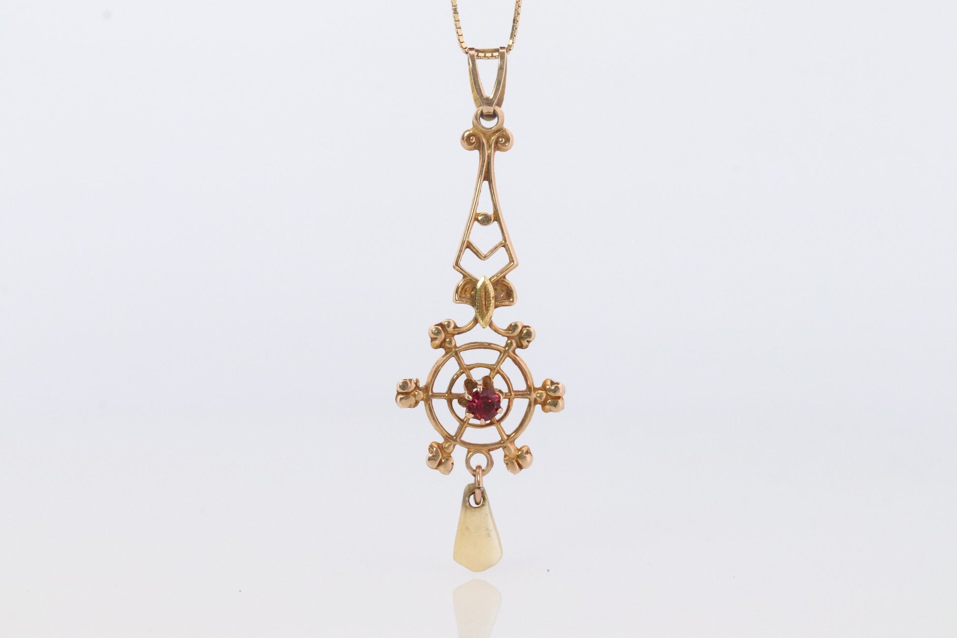 Art Nouveau Ruby and Pearl seed Buttercup 10k gold Lavaliere