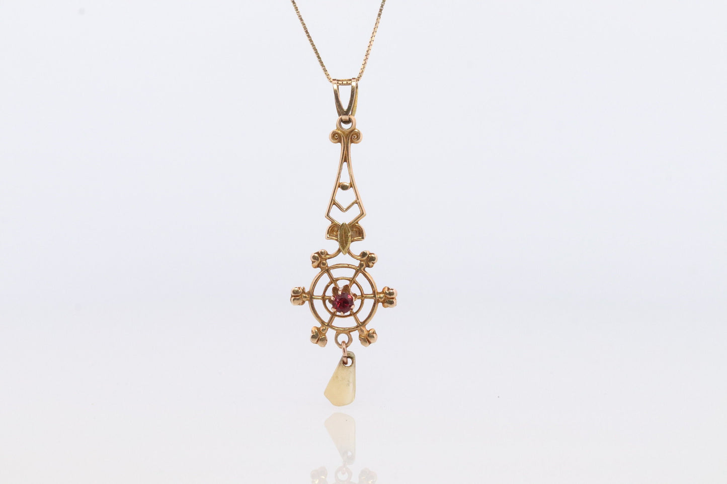 Art Nouveau Ruby and Pearl seed Buttercup 10k gold Lavaliere