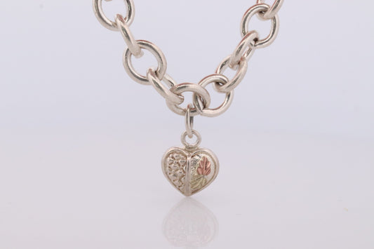 Black Hills Gold Bracelet. STERLING SILVER with 10k Multi-Tone Black Hills Gold. Large Cable with Heart charm.