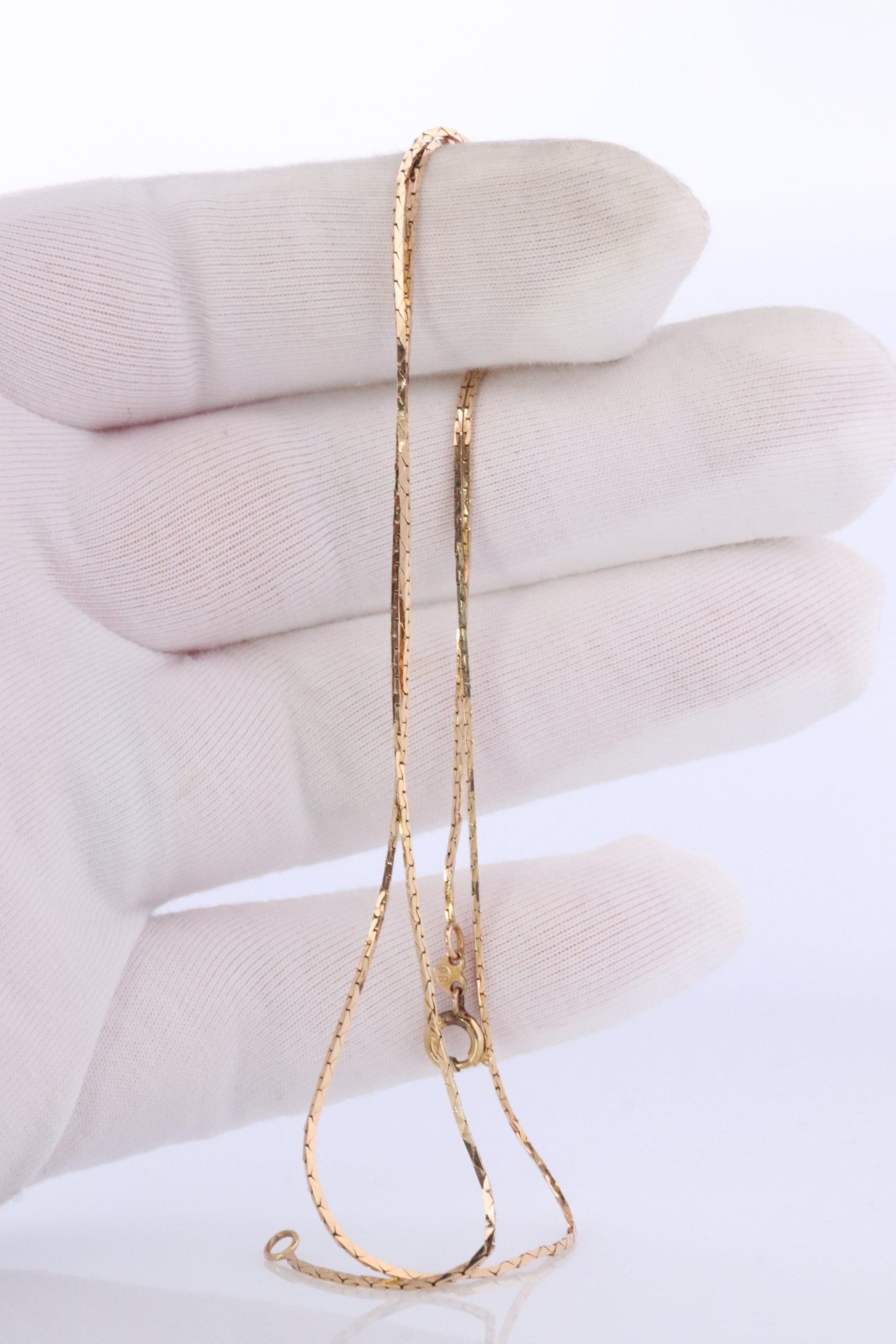 14k Triangle Omega Necklace. 14k Yellow Gold Box triangular Snake chain Necklace.