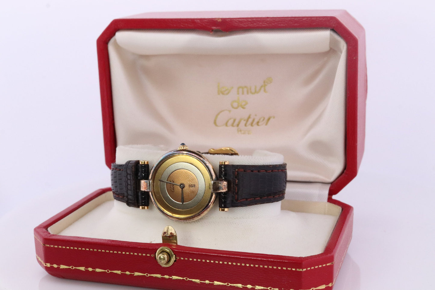 Vintage Must de Cartier Vendome Trinity Watch. ARGENT Cartier 925 Vermeil Quartz Ardent ROUND Swiss Made. Triple, Three tone Cartier.