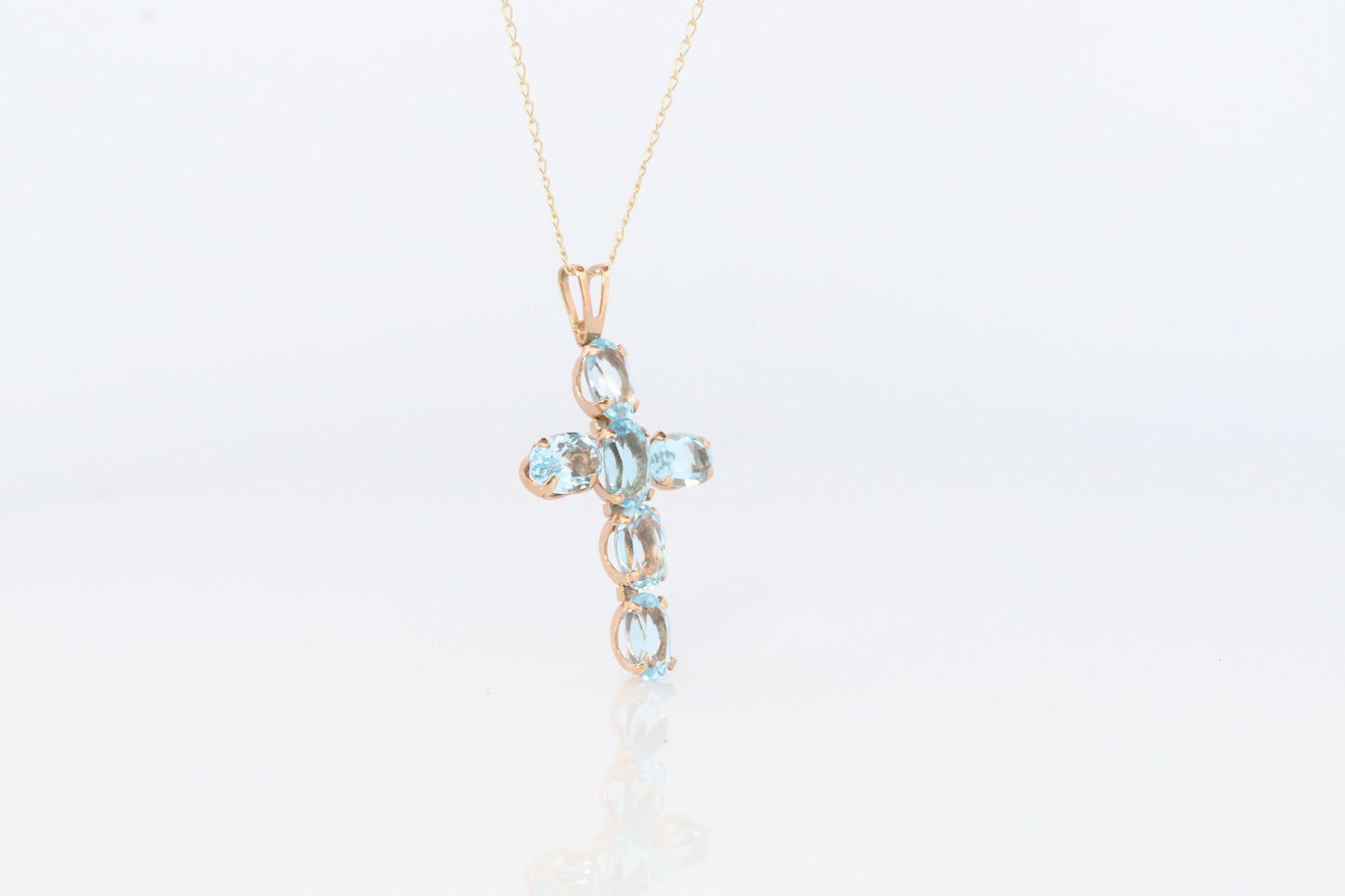10k Topaz Cross Pendant. Crucifix Christian set Swiss Aqua Topaz.