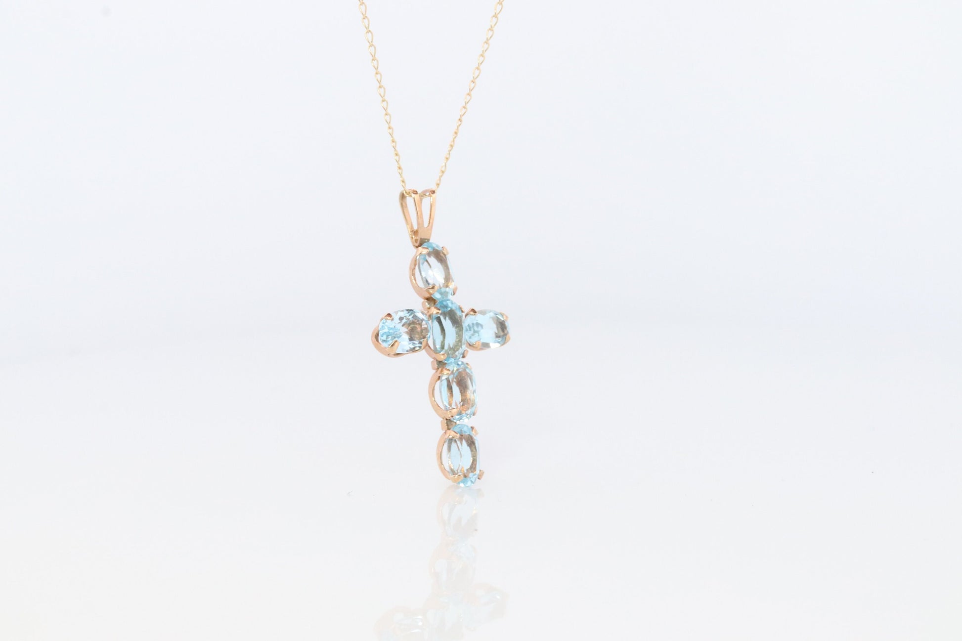 10k Topaz Cross Pendant. Crucifix Christian set Swiss Aqua Topaz.