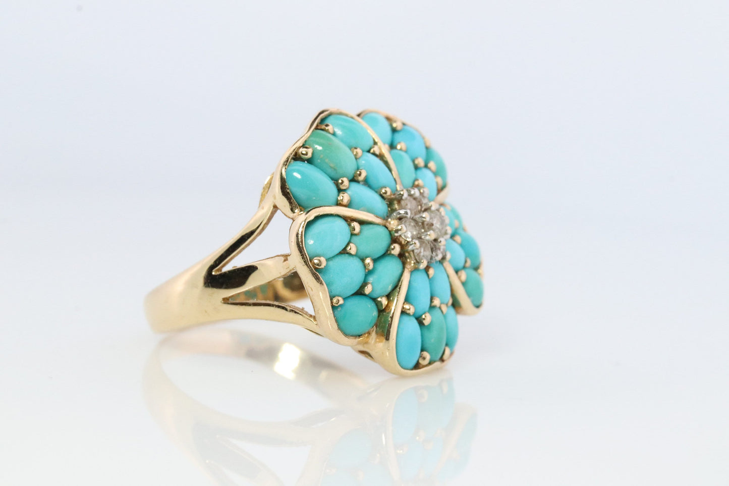 14k Large Turquoise Cabochon and Diamond Ring. 14k Cluster Turquoise Flower with Diamond center Ring (146)