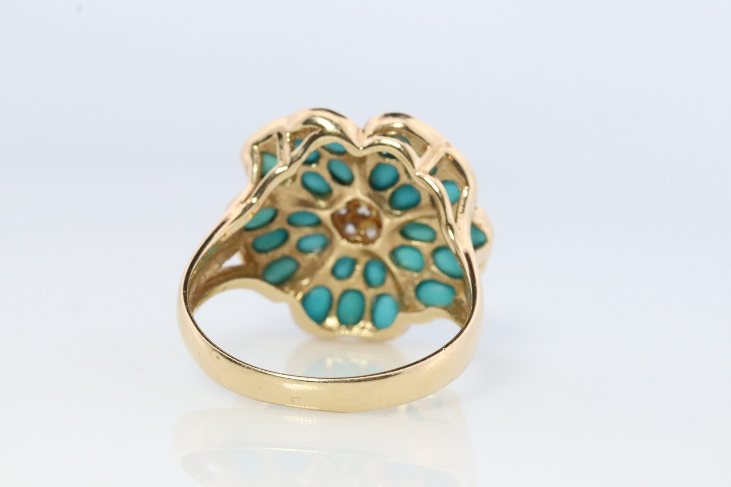 14k Large Turquoise Cabochon and Diamond Ring. 14k Cluster Turquoise Flower with Diamond center Ring (146)