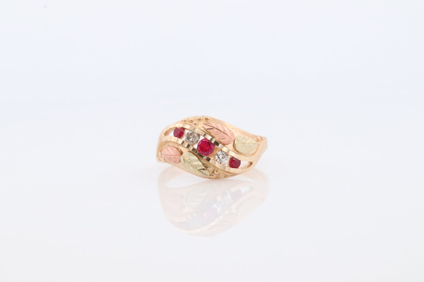 Black Hills Gold Ring. Diamond Ruby Ring. 10k Multi-Tone Gold. Black Hills Gold with alternating diamonds rubies Wedding Band Anniversary