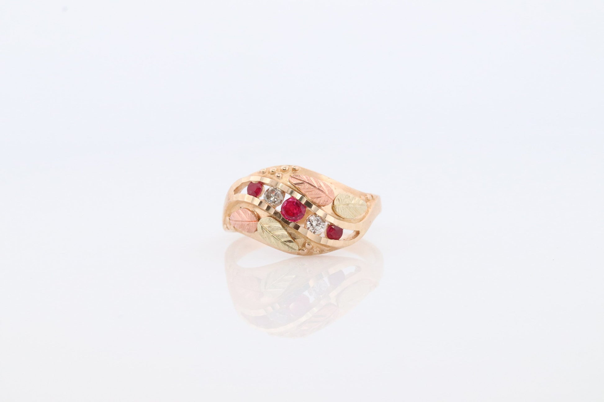 Black Hills Gold Ring. Diamond Ruby Ring. 10k Multi-Tone Gold. Black Hills Gold with alternating diamonds rubies Wedding Band Anniversary