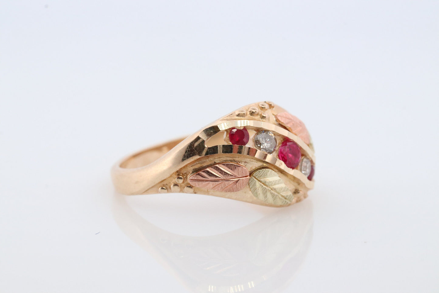 Black Hills Gold Ring. Diamond Ruby Ring. 10k Multi-Tone Gold. Black Hills Gold with alternating diamonds rubies Wedding Band Anniversary