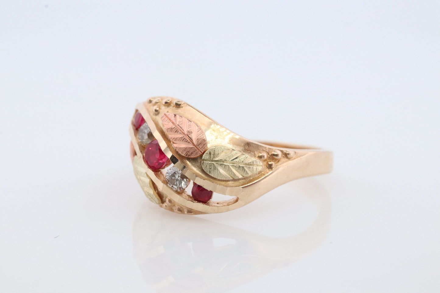 Black Hills Gold Ring. Diamond Ruby Ring. 10k Multi-Tone Gold. Black Hills Gold with alternating diamonds rubies Wedding Band Anniversary
