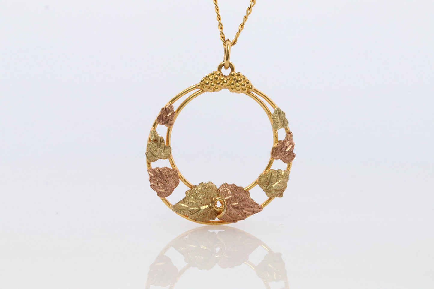 Black Hills Gold Pendant Necklace. 10k 12k Black Hills Gold Wreath Round Pendant.