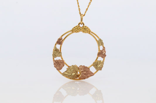 Black Hills Gold Pendant Necklace. 10k 12k Black Hills Gold Wreath Round Pendant.