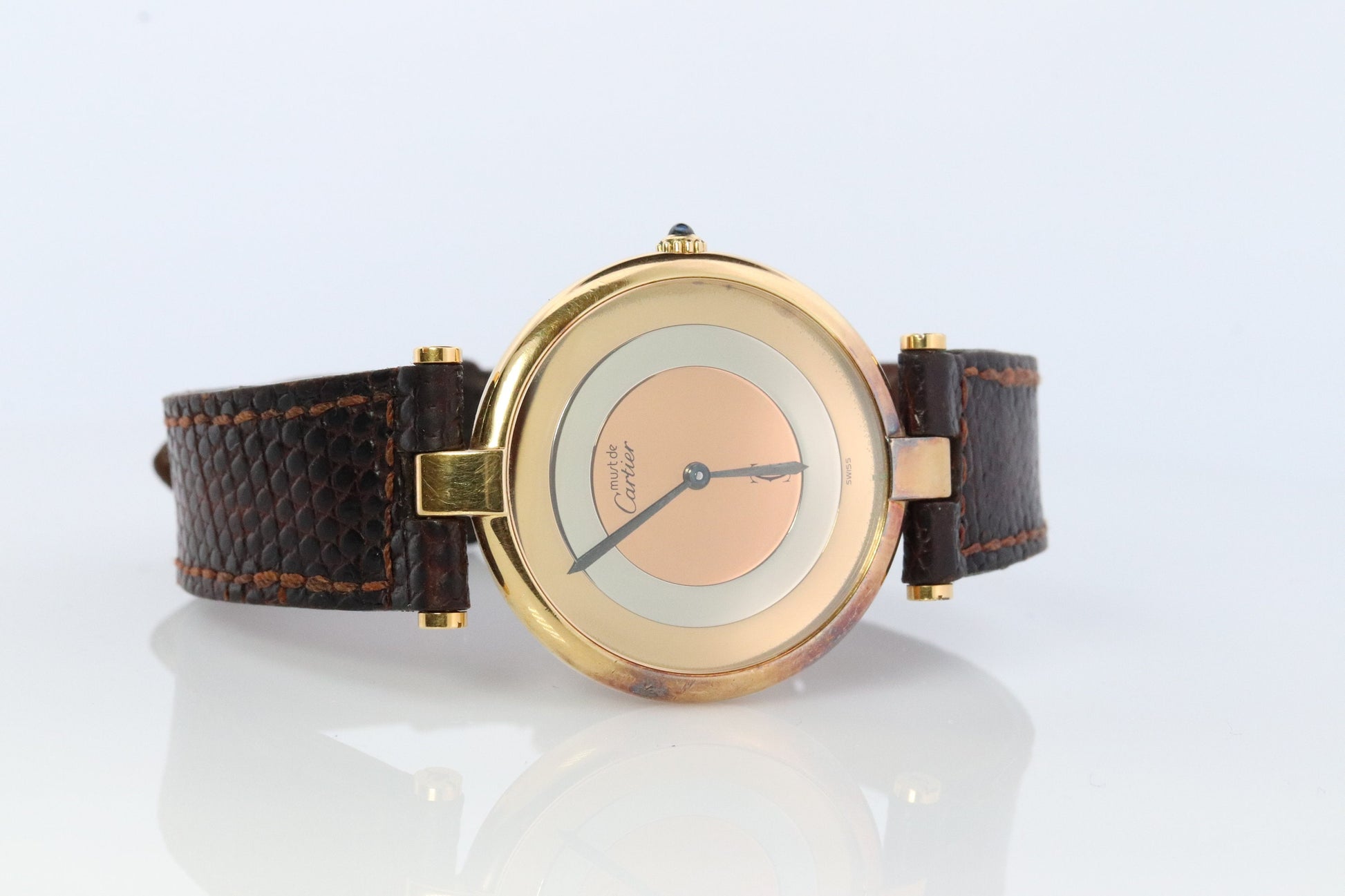 Vintage Must de Cartier Large Vendome Trinity Watch. ARGENT Cartier 925 Vermeil Quartz Ardent ROUND Swiss Made. Triple, Three tone Cartier.