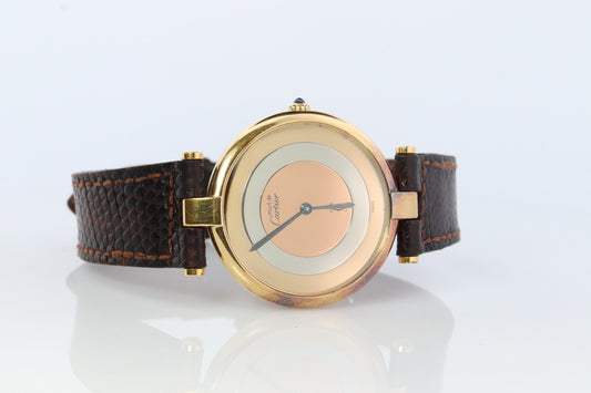 Vintage Must de Cartier Large Vendome Trinity Watch. ARGENT Cartier 925 Vermeil Quartz Ardent ROUND Swiss Made. Triple, Three tone Cartier.
