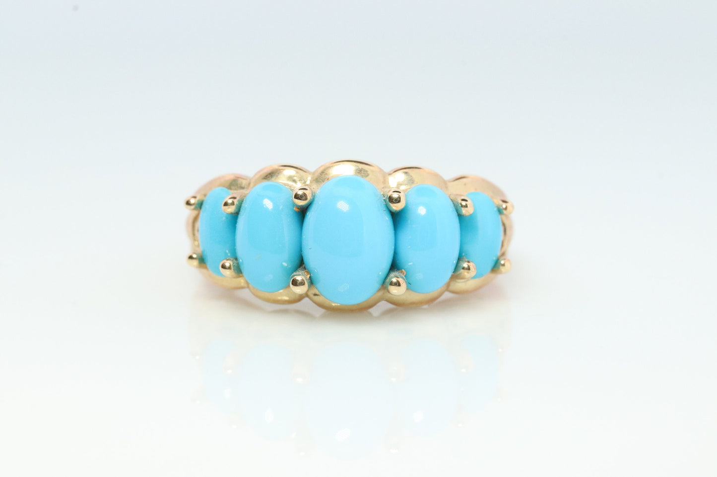 10k Oval Turquoise Cabochon Ring. 10k Aquamarine Turquoise Cluster Band.