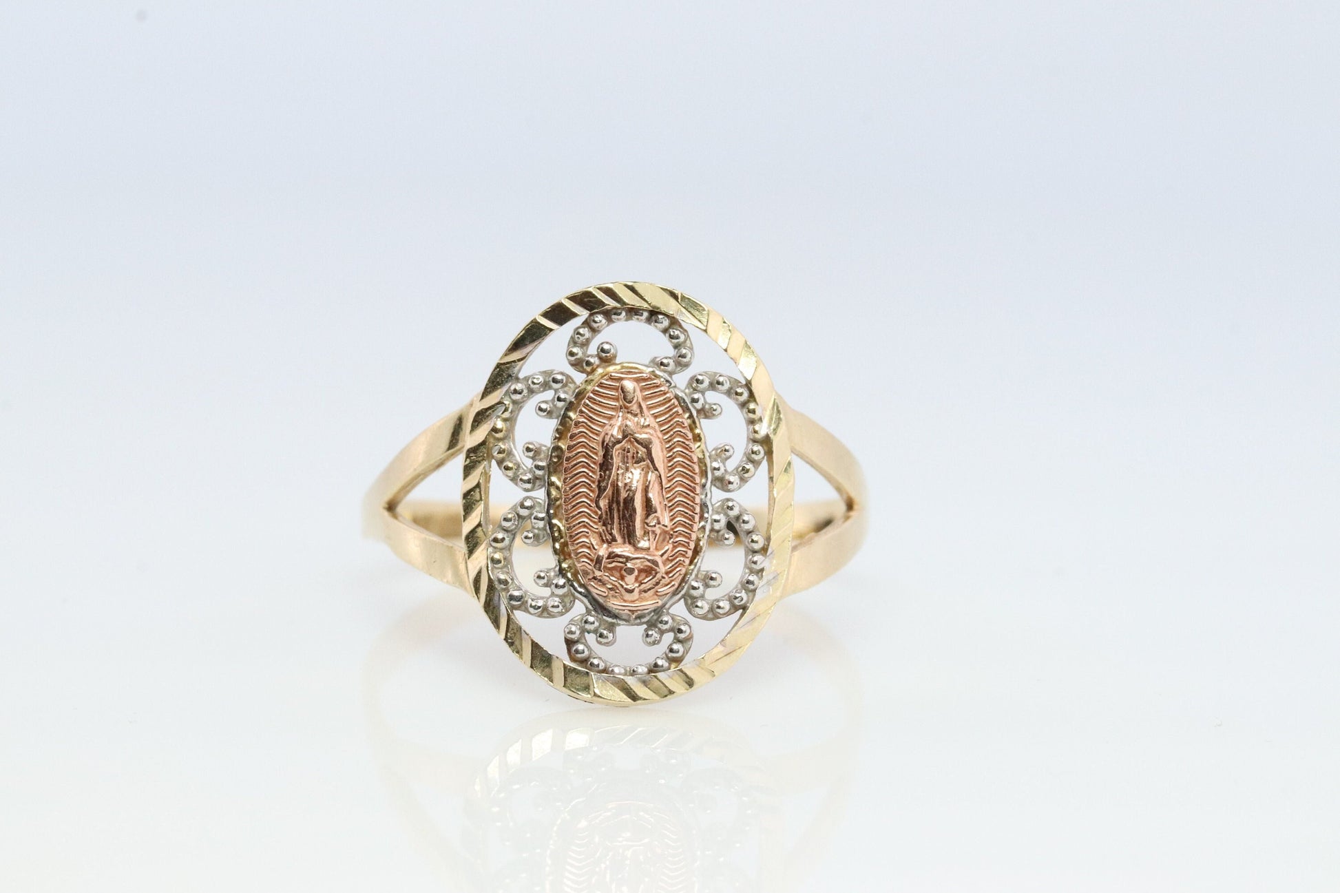 Vintage 14k Yellow Gold Pendant. Marian Cross Band. Madonna Pendant. VIRGIN Mary Ring. Mother Medallion Signet ring. Open scroll.