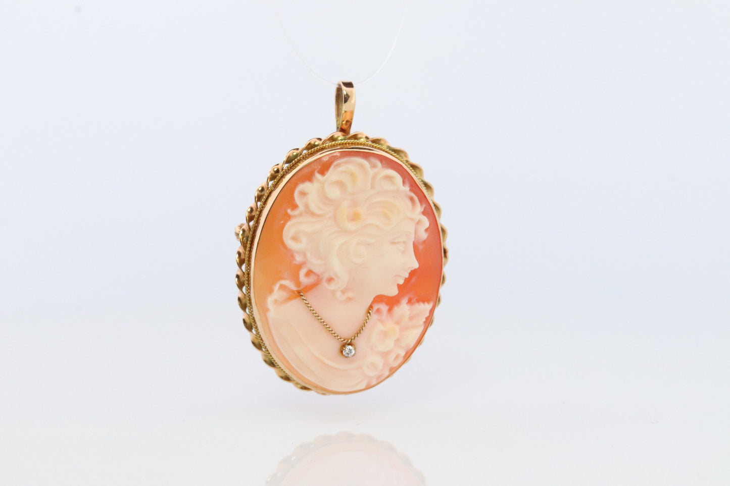 14k Yellow Gold Cameo w/ Diamond, Vintage Filigree Carved Shell Brooch Pin or Pendant. Carved Cameo Shell Pendant and Brooch.