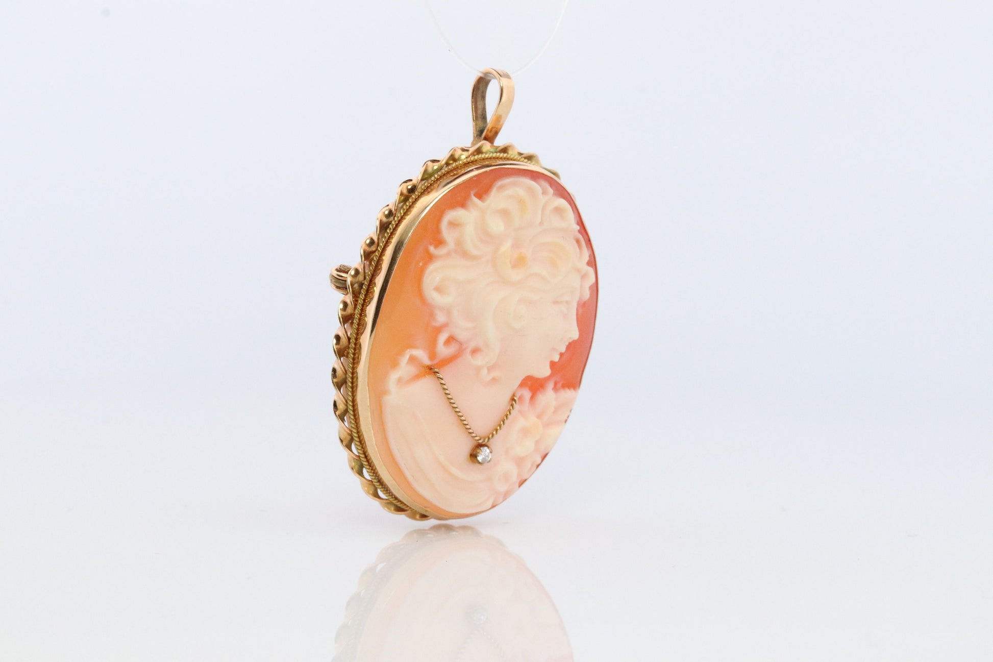 14k Yellow Gold Cameo w/ Diamond, Vintage Filigree Carved Shell Brooch Pin or Pendant. Carved Cameo Shell Pendant and Brooch.
