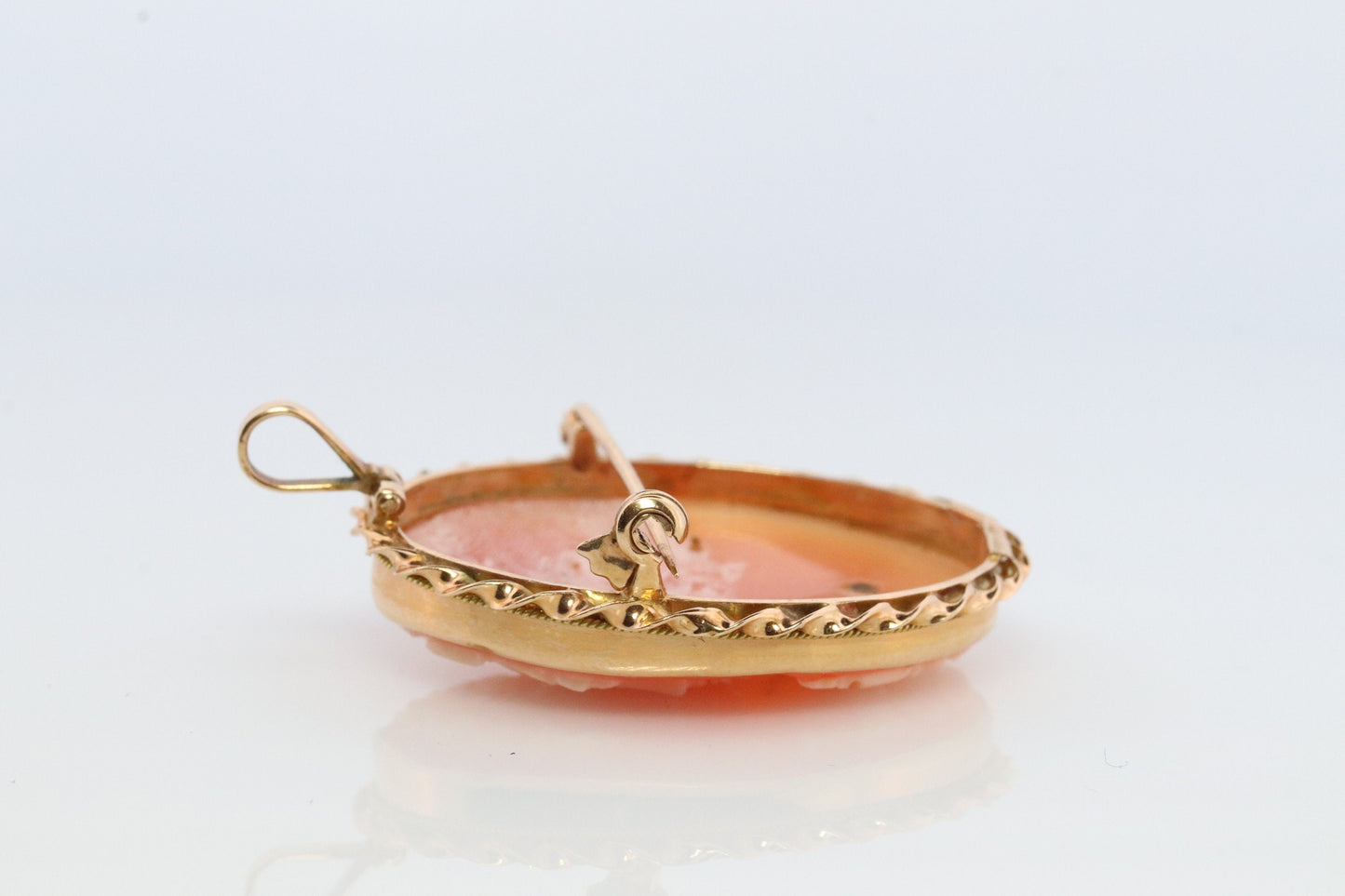 14k Yellow Gold Cameo w/ Diamond, Vintage Filigree Carved Shell Brooch Pin or Pendant. Carved Cameo Shell Pendant and Brooch.
