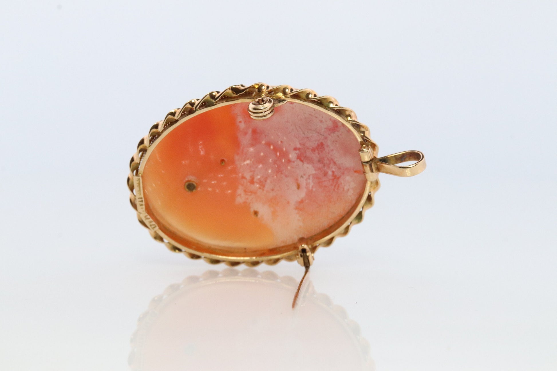 14k Yellow Gold Cameo w/ Diamond, Vintage Filigree Carved Shell Brooch Pin or Pendant. Carved Cameo Shell Pendant and Brooch.