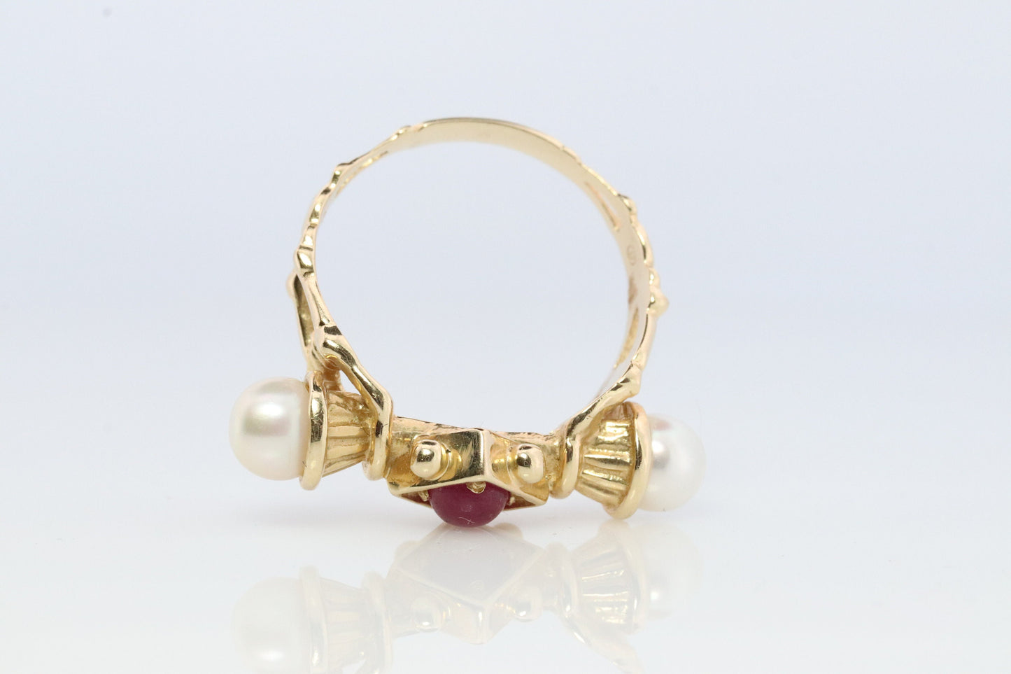 14k Ruby and Pearl Cluster ring. Victorian Pearl seed and Ruby band. Etruscan Revival Byzantine Ruby Pearl Cluster