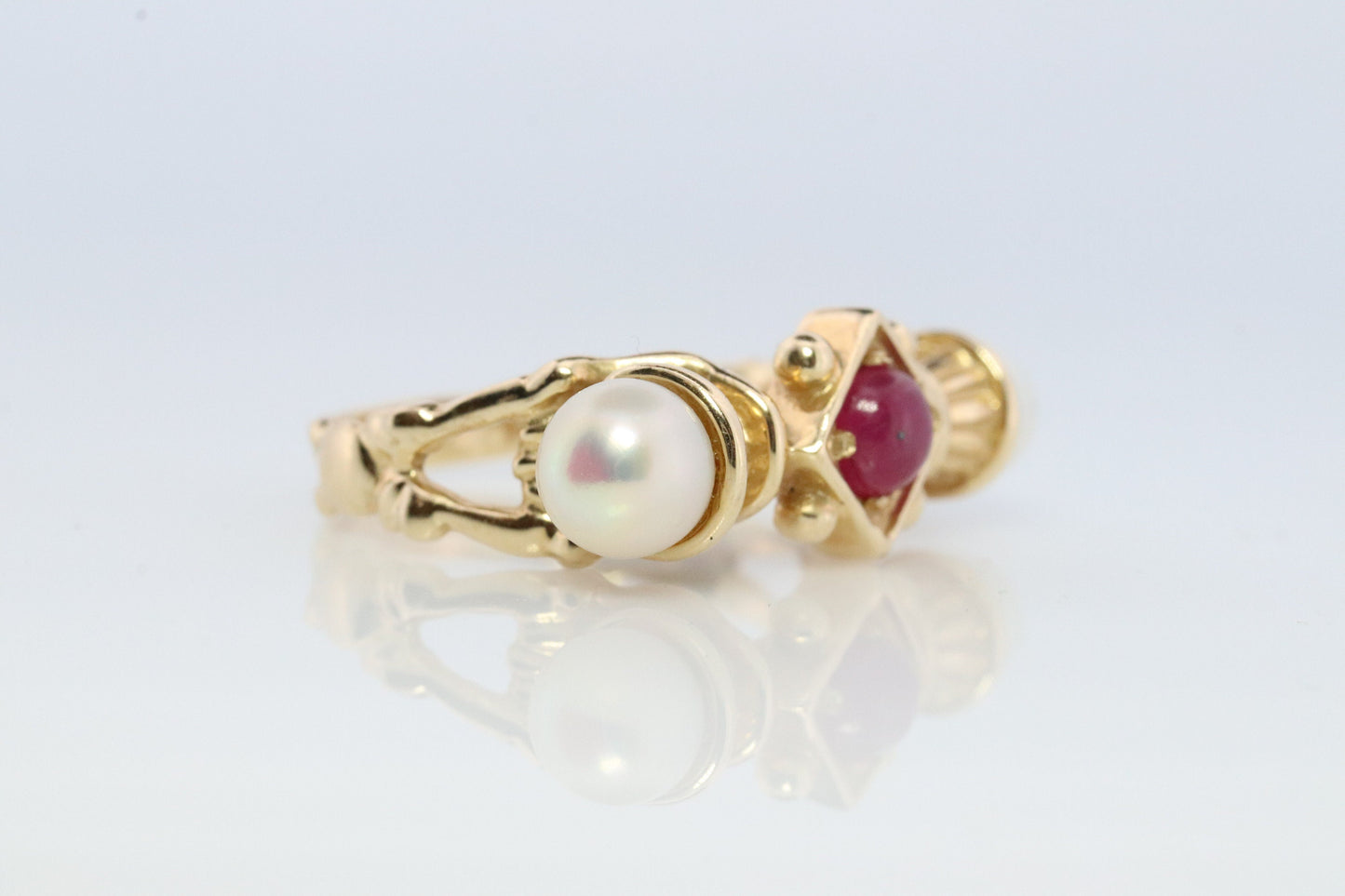 14k Ruby and Pearl Cluster ring. Victorian Pearl seed and Ruby band. Etruscan Revival Byzantine Ruby Pearl Cluster