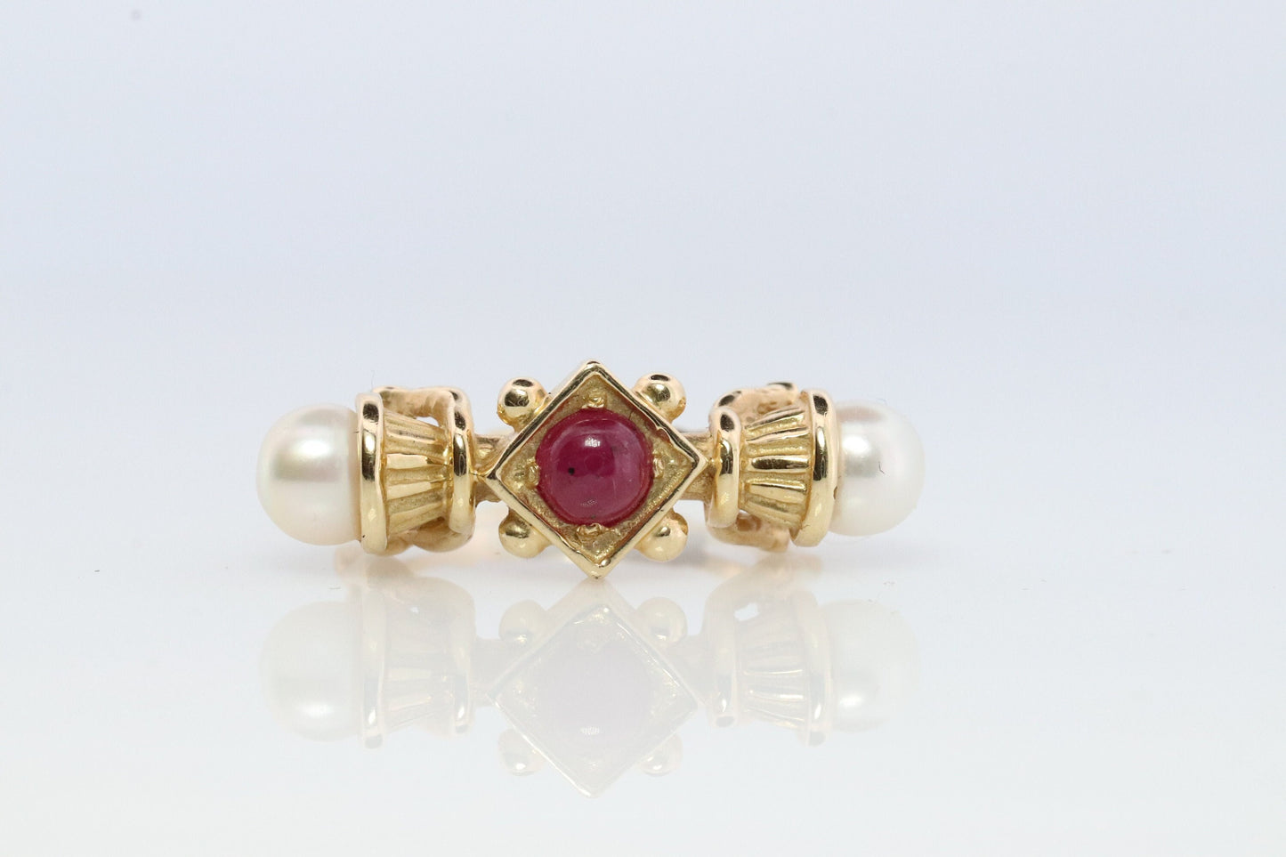 14k Ruby and Pearl Cluster ring. Victorian Pearl seed and Ruby band. Etruscan Revival Byzantine Ruby Pearl Cluster