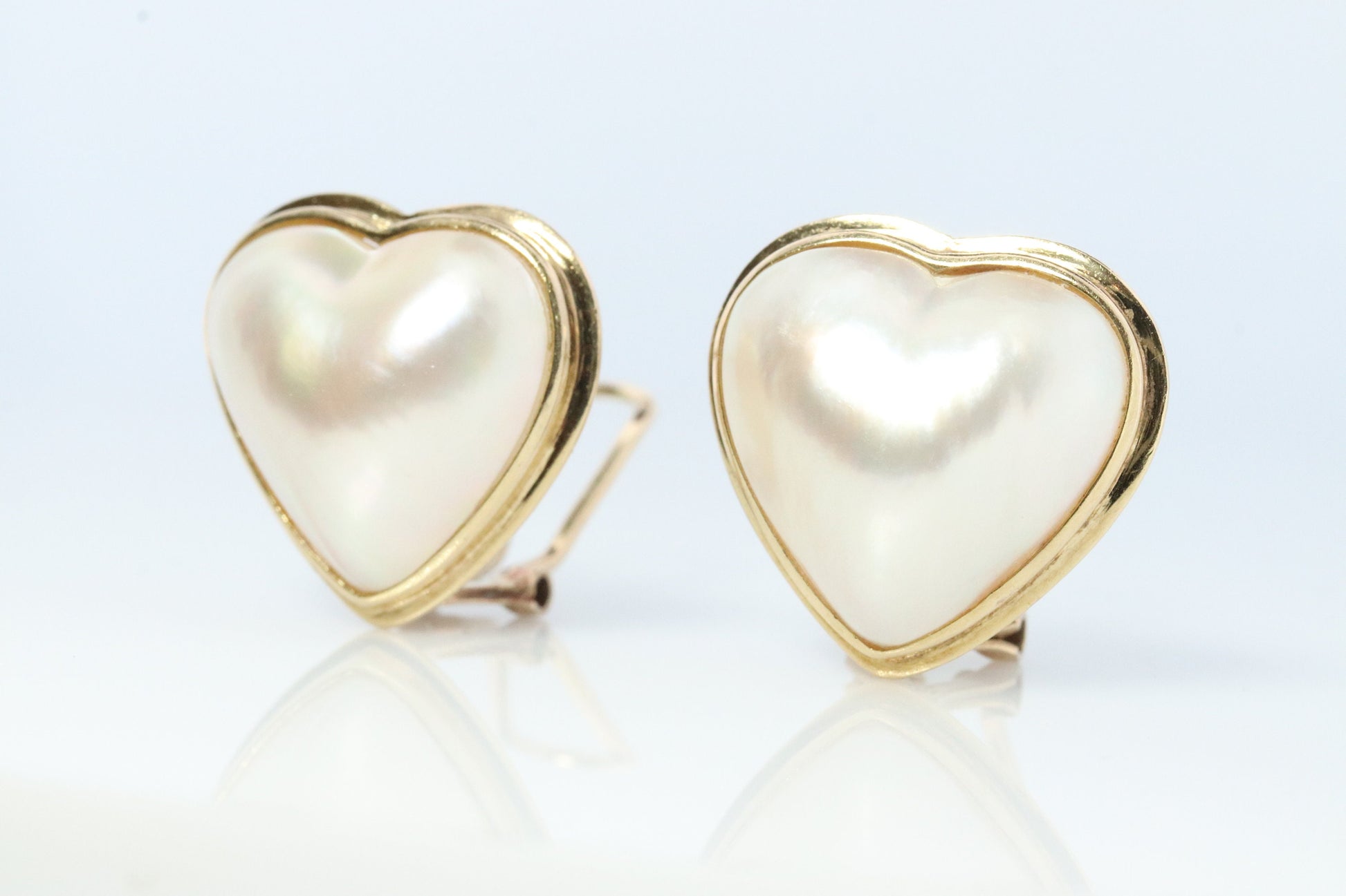 14k Large MABE Pearl Earrings Diamond Omega earrings. Omega Back Heart Round Mabe Pearl Earrings