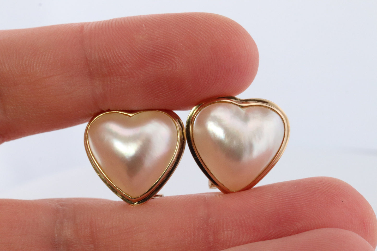 14k Large MABE Pearl Earrings Diamond Omega earrings. Omega Back Heart Round Mabe Pearl Earrings