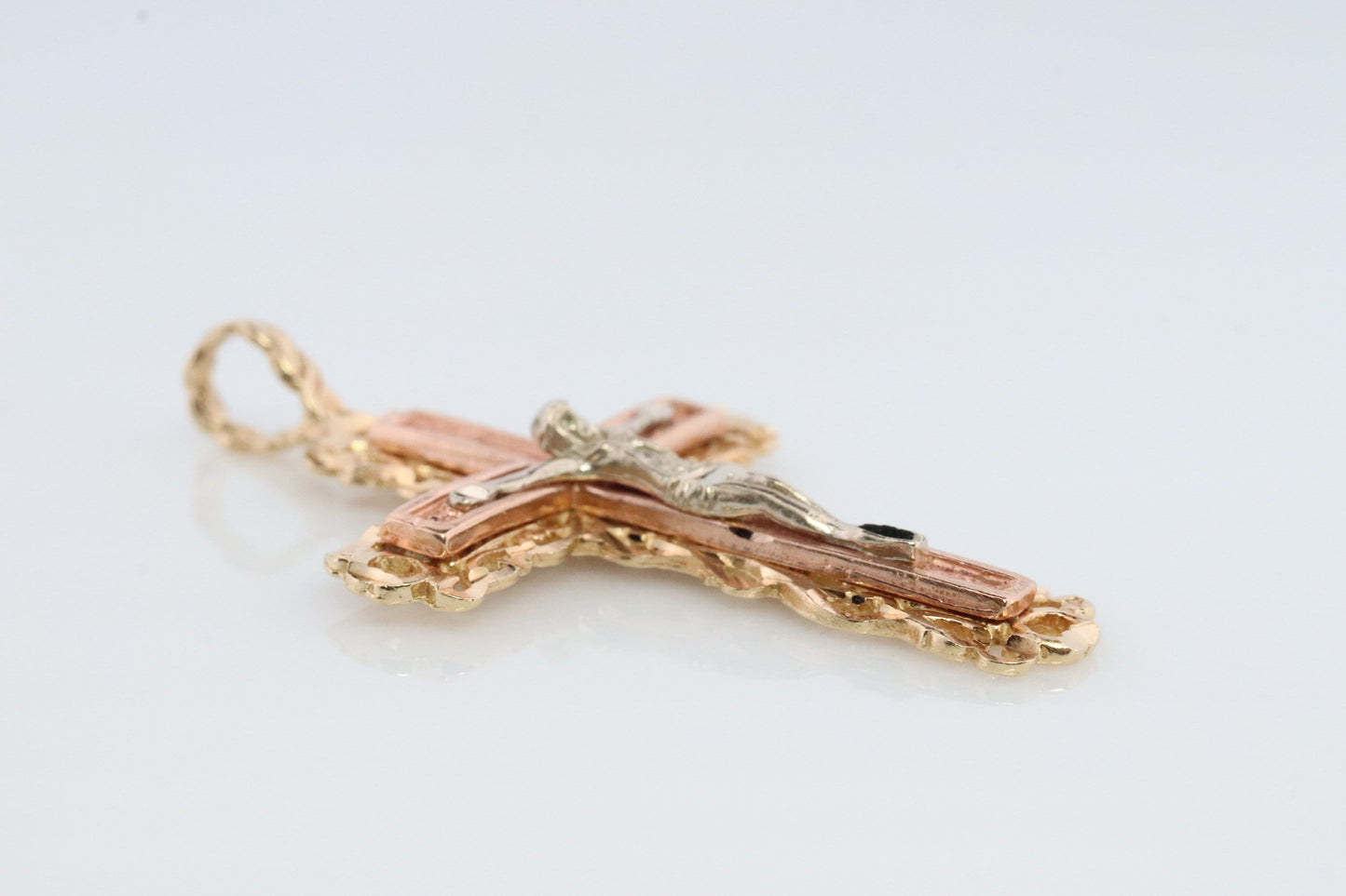 14k Detailed Cross. Crucified Jesus Crucifix 14k Gold Pendant. Tricolor Yellow Rose Yellow Gold Layered Cross.
