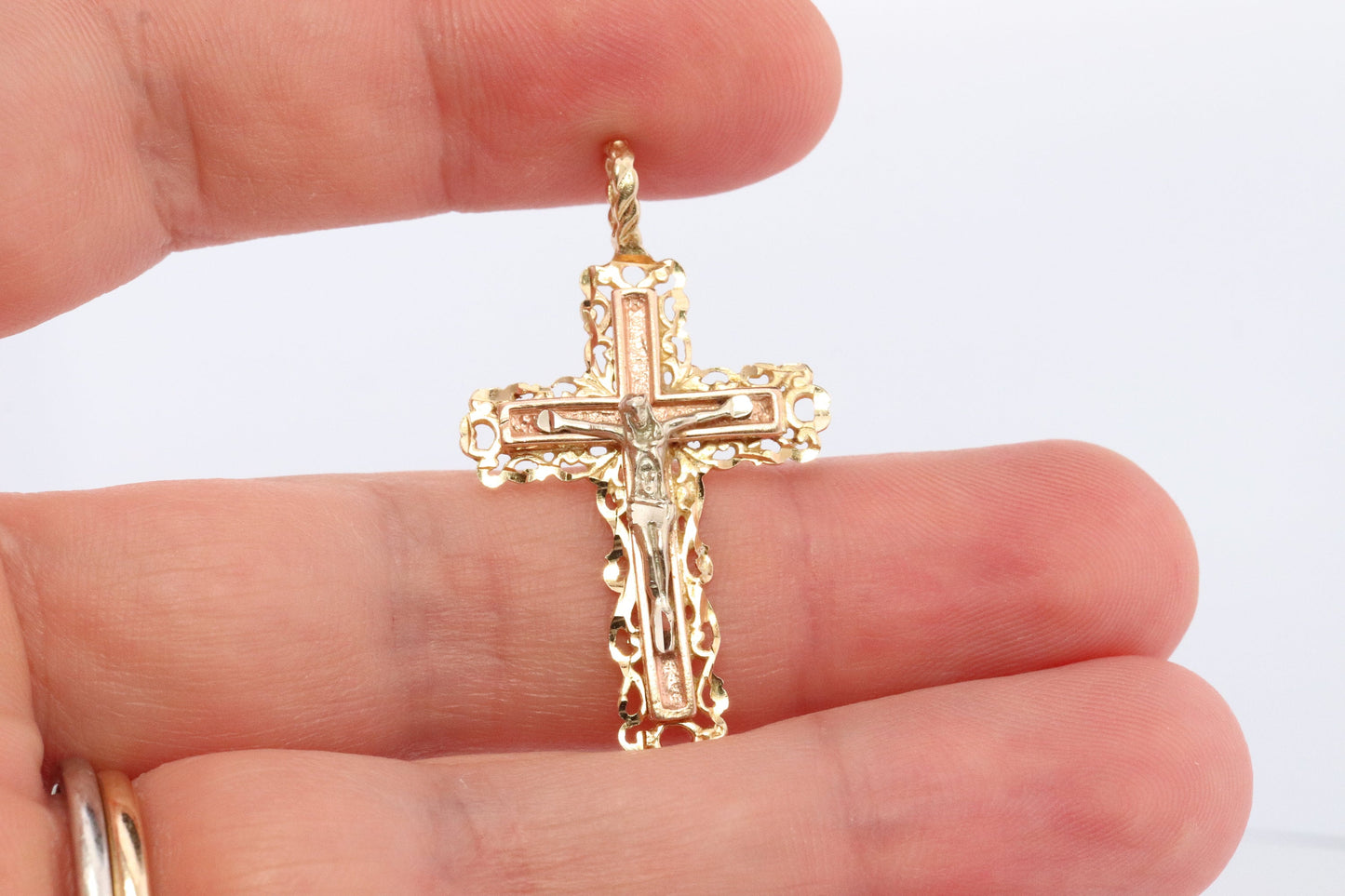 14k Detailed Cross. Crucified Jesus Crucifix 14k Gold Pendant. Tricolor Yellow Rose Yellow Gold Layered Cross.