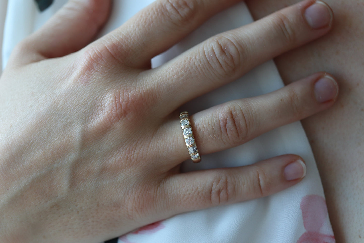 Diamond Band. 14k Yellow Gold with round and Baguette diamonds channel set cluster. 1ctw