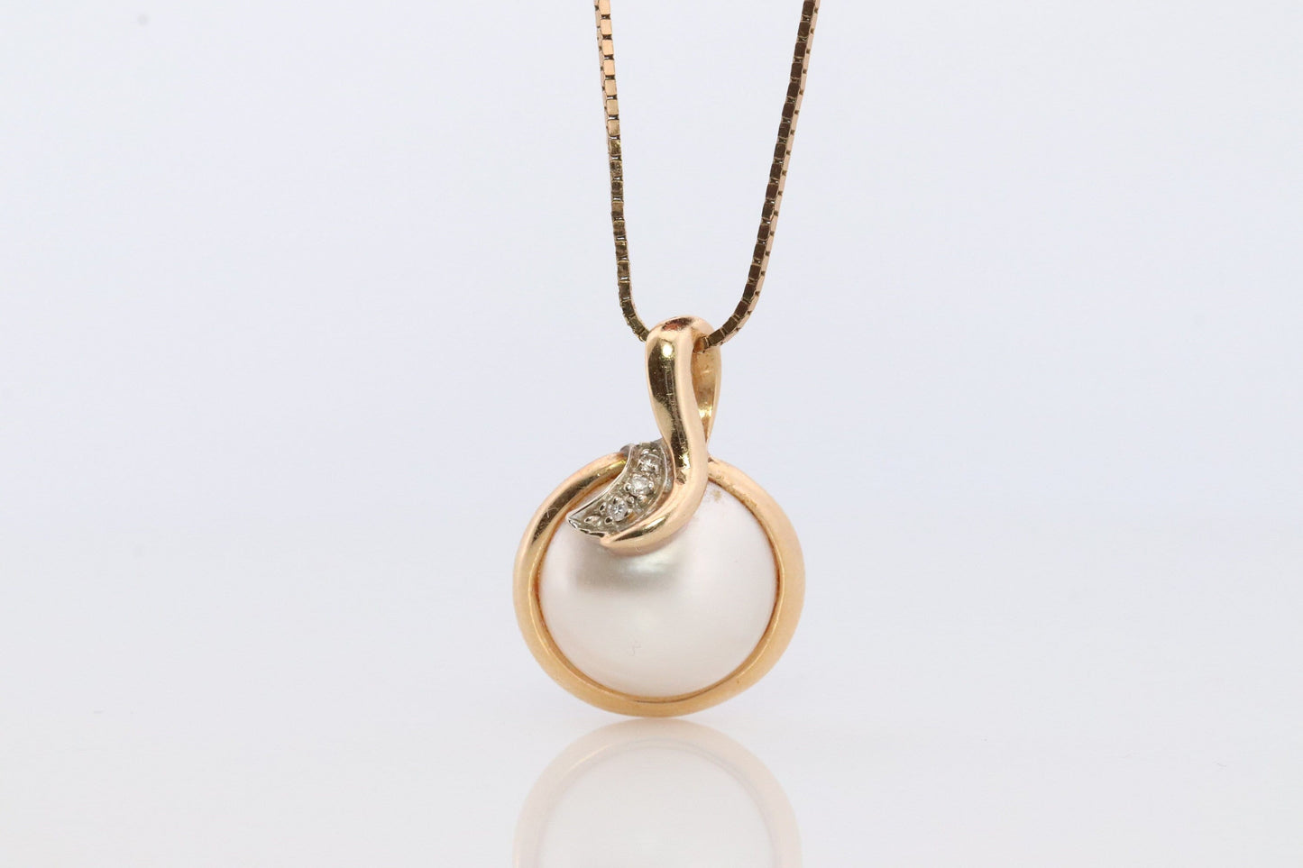 14k Round MABE Pearl Diamond Pendant. Pearl Pendant. Oritalia Mabe Pearl Drop pendant with box chain necklace.