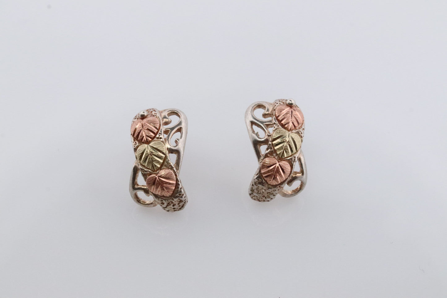 Black Hills Gold Drop Hoop earrings. Black Hills 12k and Sterling Silver Heart Half Hoop earrings