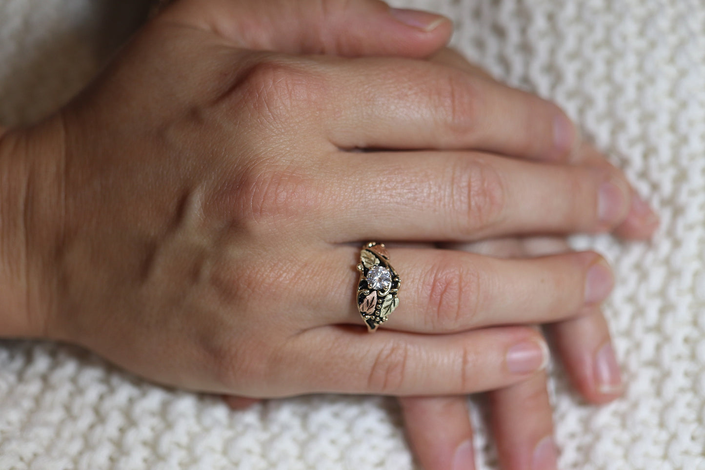Black Hills Gold Vintage Diamond Ring. 1/2ct Diamond Solitaire Ring. 10k Multi-Tone Gold. Large Diamond Black Hills Gold Design