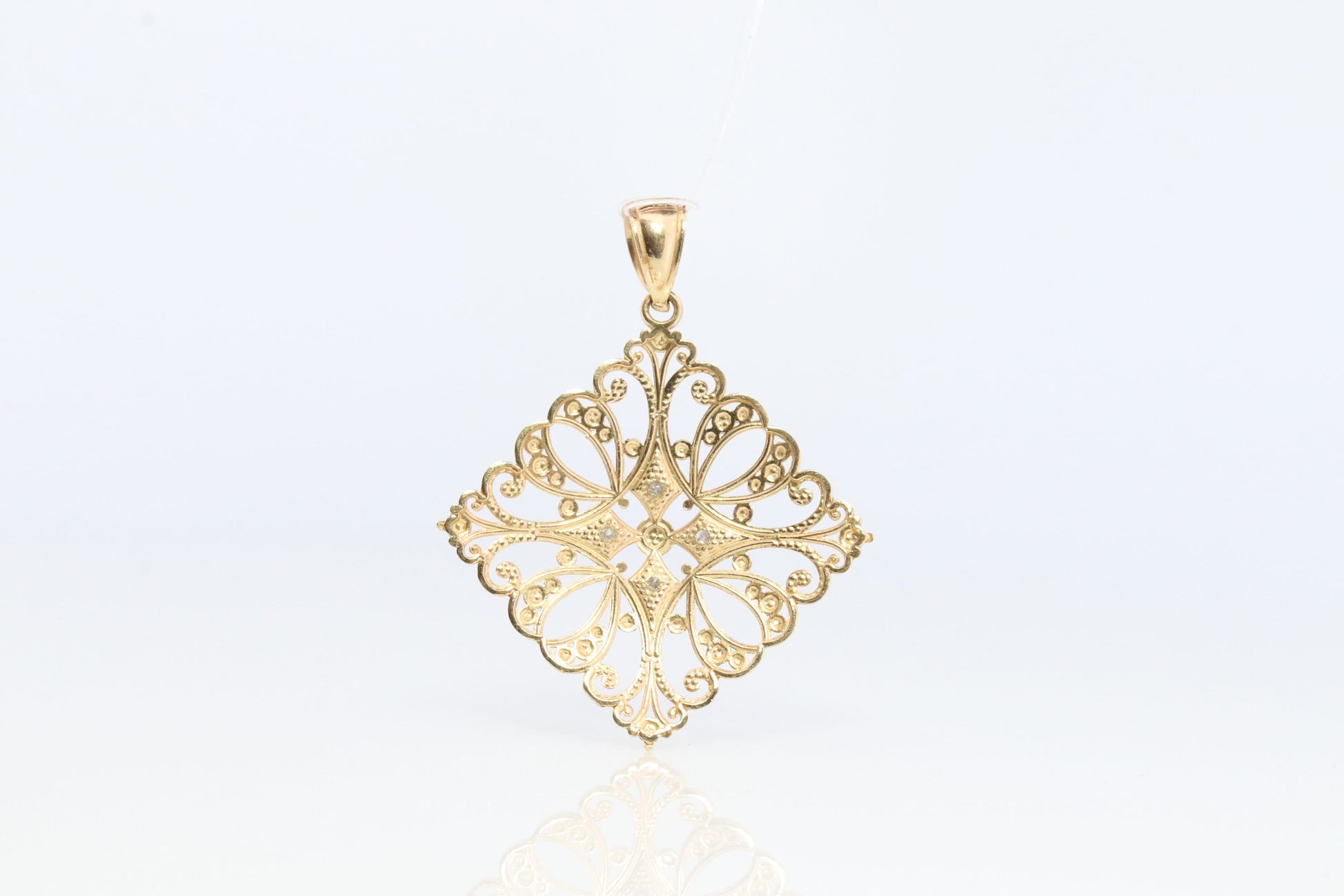 14k Filigree Diamond Pendant Medallion. 14k Gold Geometric Medallion Open Diamond Cut. Rhombus Medallion Pendant.