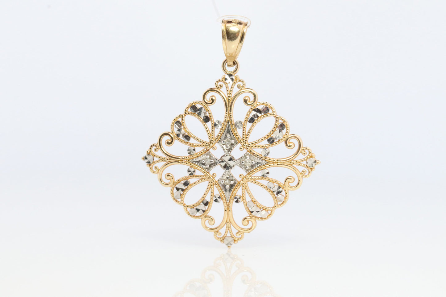 14k Filigree Diamond Pendant Medallion. 14k Gold Geometric Medallion Open Diamond Cut. Rhombus Medallion Pendant.