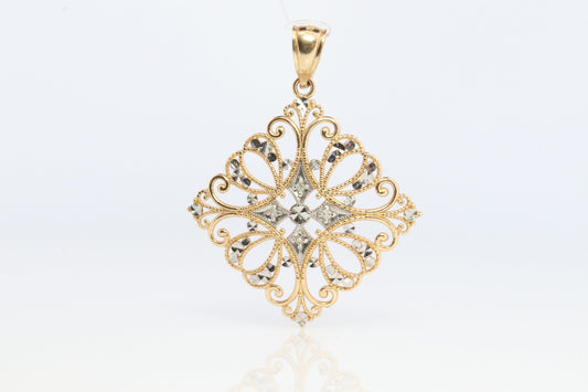 14k Filigree Diamond Pendant Medallion. 14k Gold Geometric Medallion Open Diamond Cut. Rhombus Medallion Pendant.
