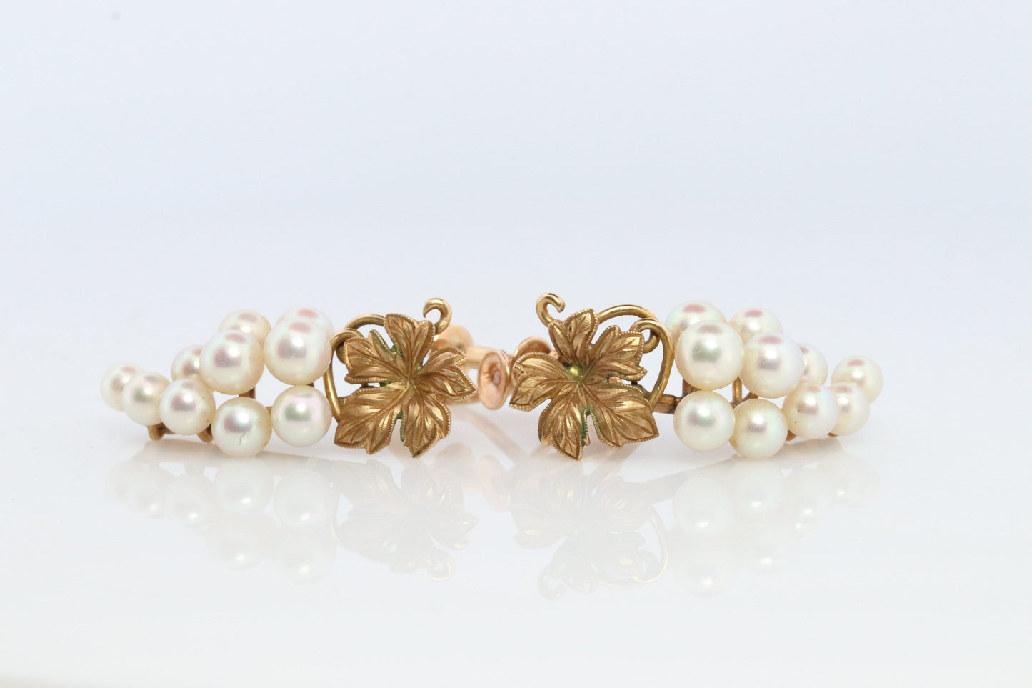14k MIKIMOTO earrings. Vintage Mikimoto Akoya pearl screw back earrings. Grape vine bunch leaf unpierced clip earrings.