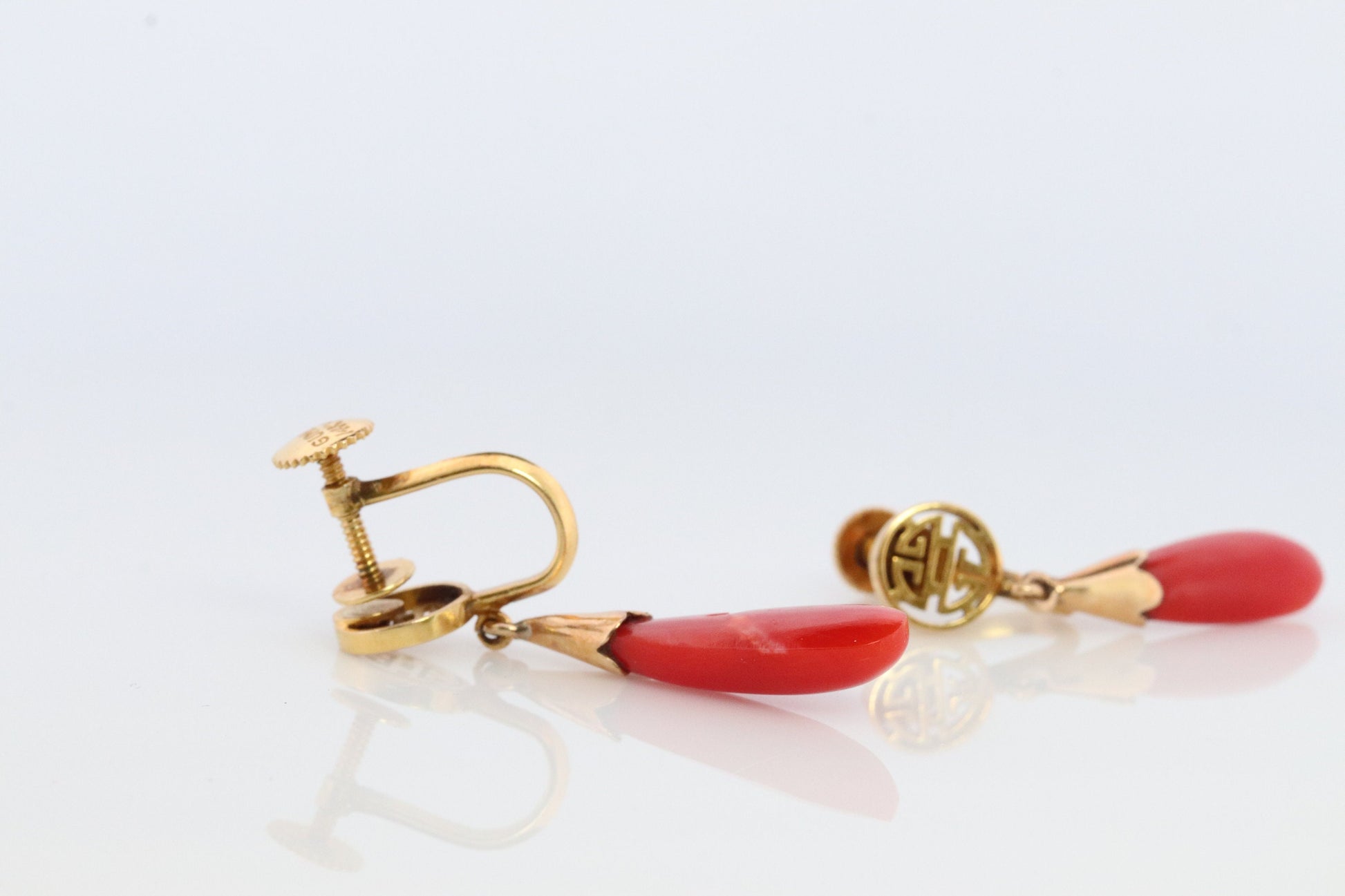 GUMP'S Coral Earrings. 14k Carved Coral Dangle Natural Coral. Chinese SHOU Coral Earrings. Vintage Gump's jewelry