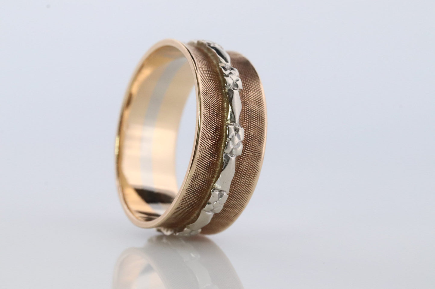 14k Wide Textured Daisy Ornate band. Vintage Flower Blossom engraved design. 8mm wide. Brushed with Blossom Flower inlay.