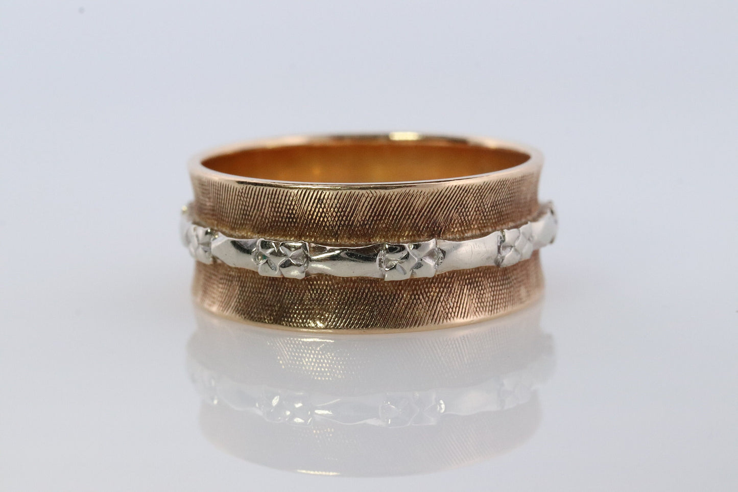 14k Wide Textured Daisy Ornate band. Vintage Flower Blossom engraved design. 8mm wide. Brushed with Blossom Flower inlay.