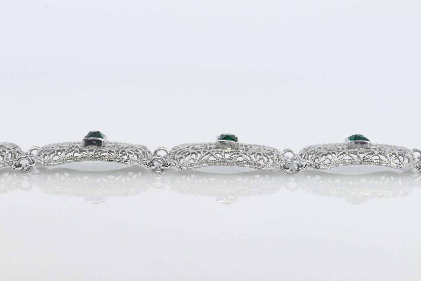 10k Art Deco Filigree Bracelet. Open Scroll link Princess Emerald bracelet. Art Deco Intricate Delicate Shield Bracelet.