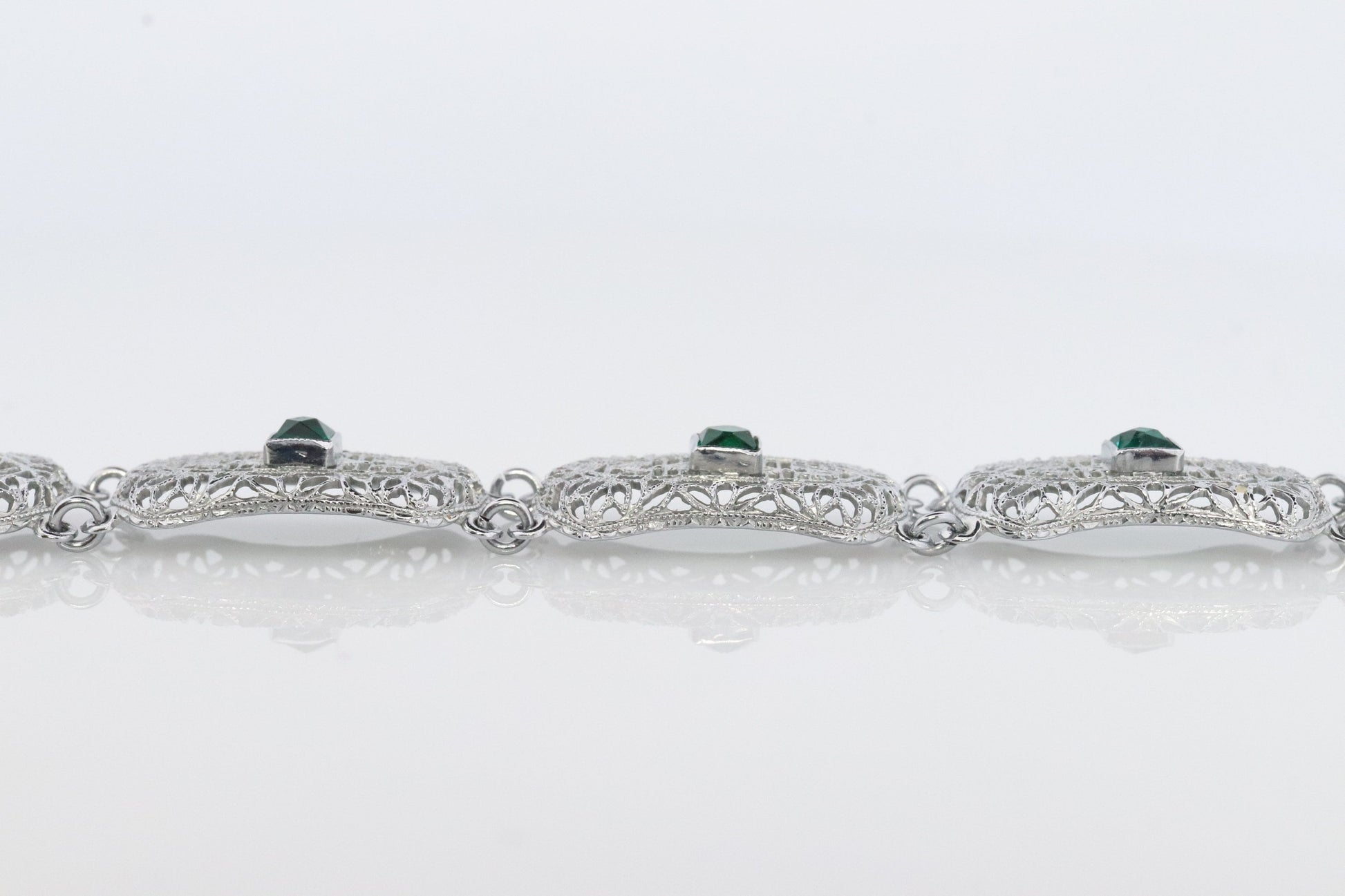 10k Art Deco Filigree Bracelet. Open Scroll link Princess Emerald bracelet. Art Deco Intricate Delicate Shield Bracelet.